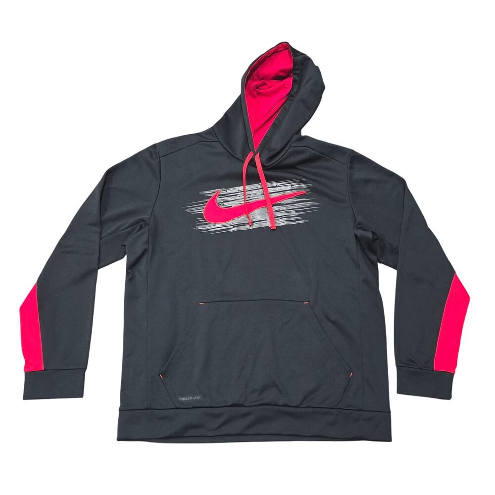 Nike Therma Fit Pullover Hoodie Sweatshirt Black Red Center Swoosh Sweater